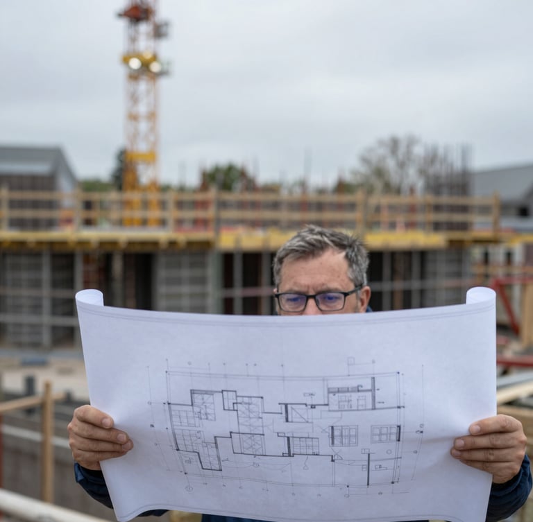 Close-up portrait shot of an architect reviewing blueprints on a Dutch construction site, active foundation work in the blurred background, natural overcast daylight, cool tones.