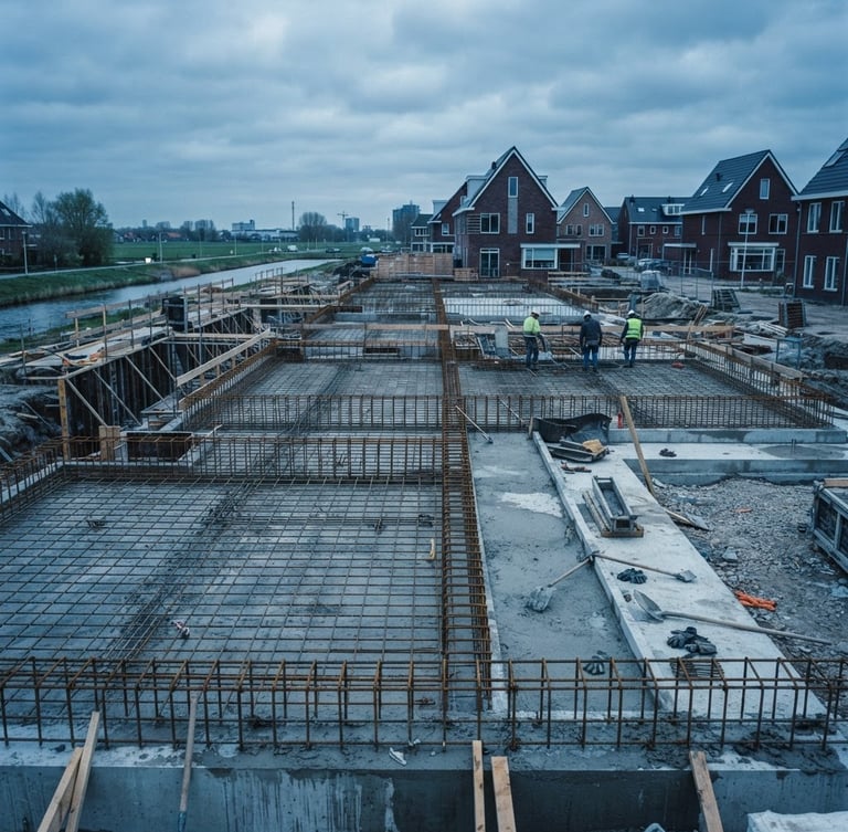 Wide shot of a modern residential construction site in the Netherlands, focusing on the concrete foundation and steel rebar structure, under natural overcast daylight, cool blue tones, 35mm.