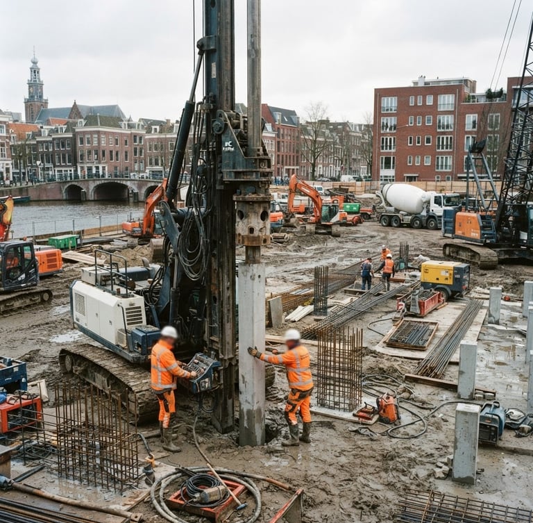 Actieve Nederlandse bouwplaats tijdens funderingswerkzaamheden, met bouwvakkers en machines, natuurlijke overdag licht, 35mm
