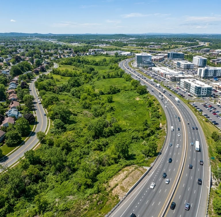 High-angle drone photography of a lush green strategic land parcel adjacent to a modern highway and commercial development, bright natural daylight, editorial architectural style