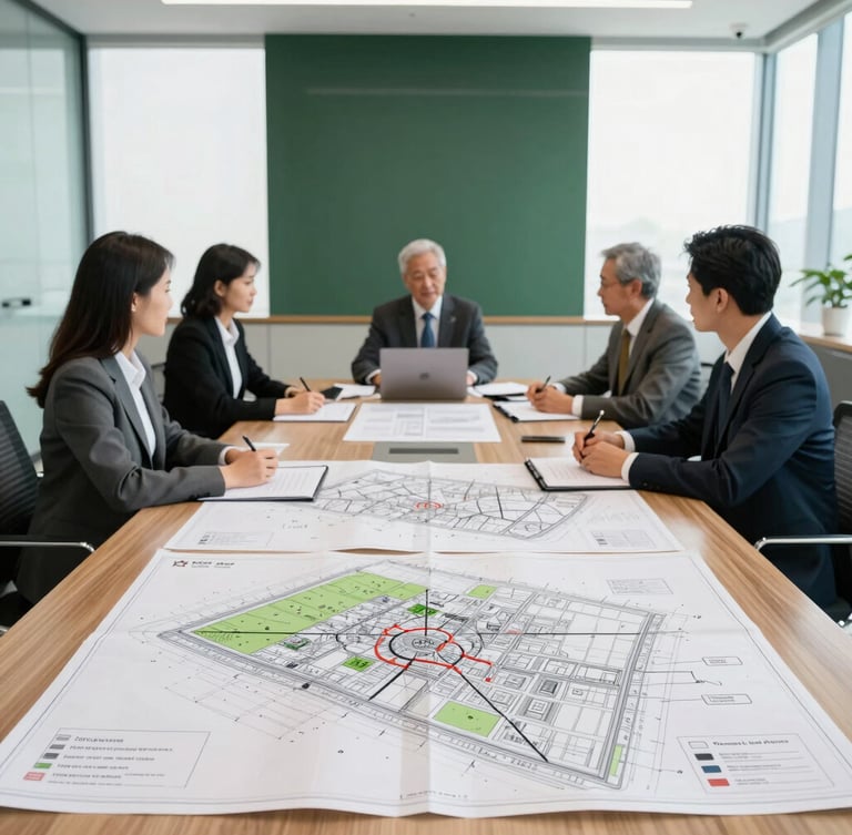 A professional business meeting in a bright corporate boardroom with architectural blueprints and land maps spread out on a wooden table, soft natural light, premium editorial style