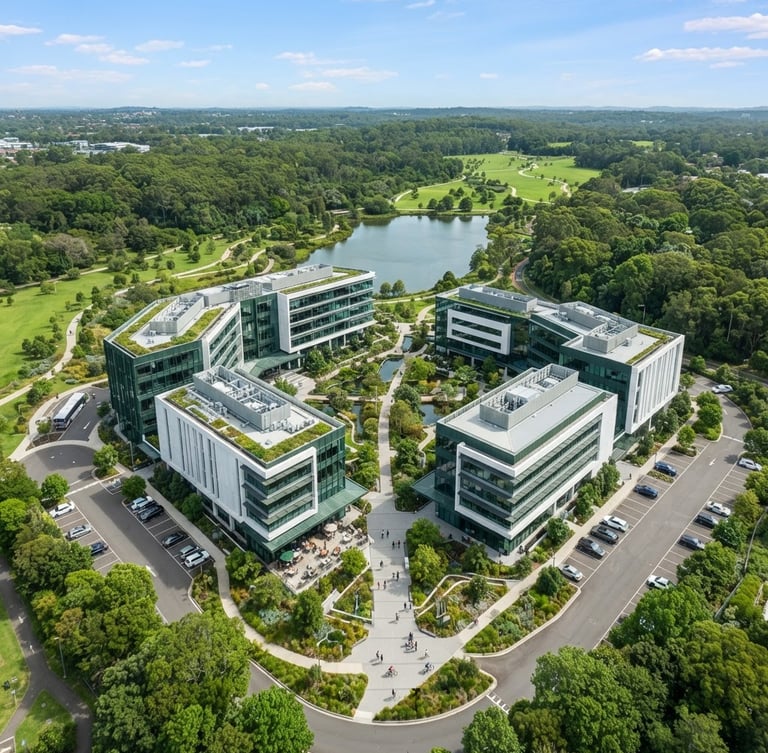High-angle drone photography of a modern commercial development integrated with green land parcels, bright natural daylight, clean architectural lines, editorial style