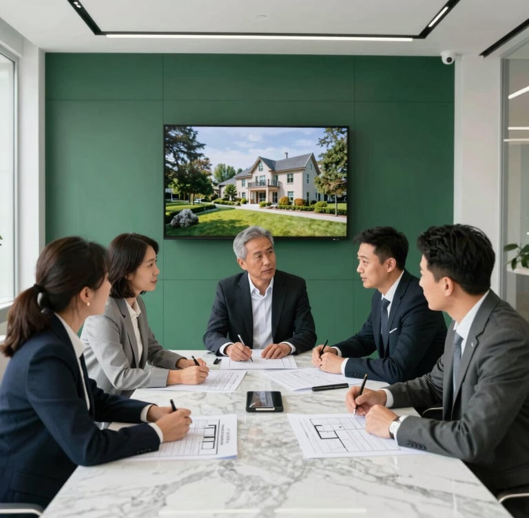 Professional corporate consultants discussing land acquisition blueprints around a marble table in a bright modern boardroom, deep forest green accents, high-end real estate photography