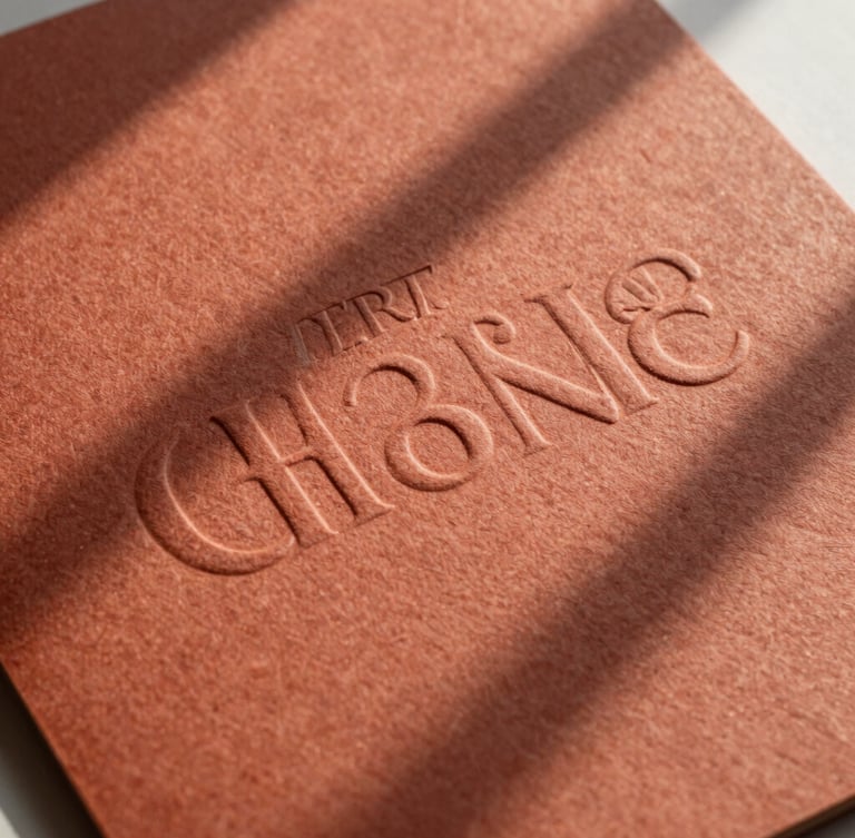 A close-up photograph of heavily embossed premium cardstock with a tactile terracotta texture, soft natural light casting long shadows across the paper substrate.