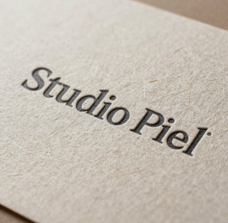 Close-up of heavily textured handmade paper with embossed Studio Piel branding, soft side lighting highlighting the fiber details