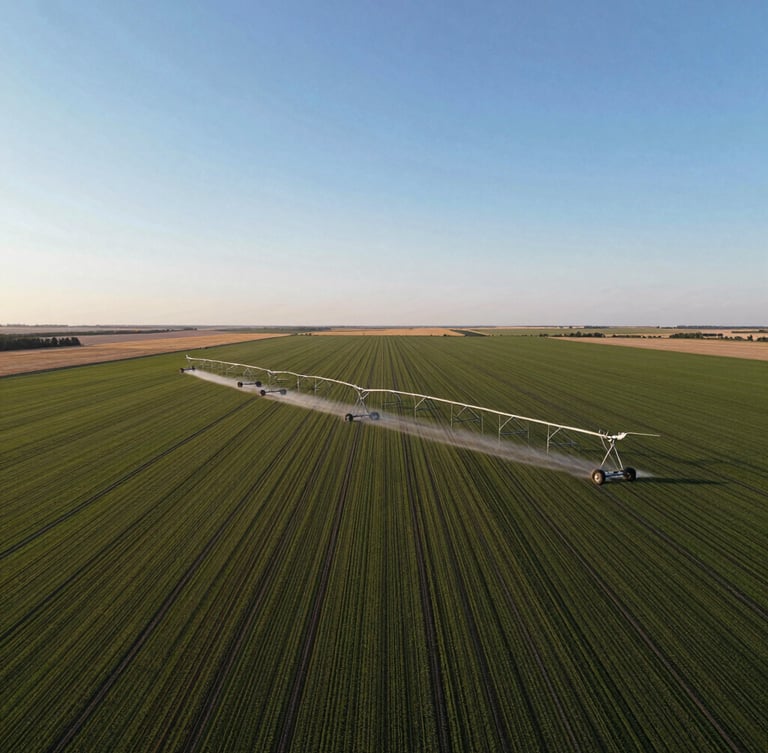 Panoramic wide-angle aerial drone shot of massive center-pivot irrigation systems watering perfectly straight crop boundaries in Lethbridge County under crisp morning light, expansive sky, low horizon.