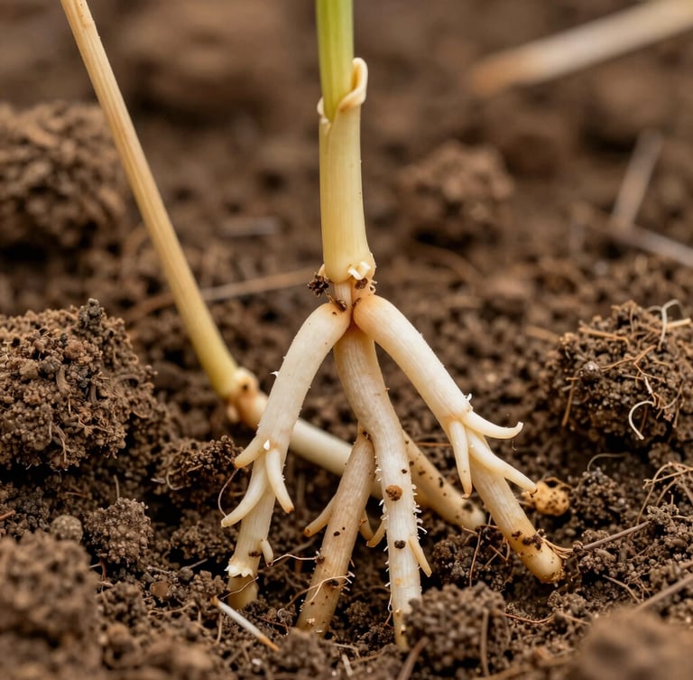 Ultra-close-up macro photograph of healthy wheat root structures binding deep Lethbridge County clay loam soil, sharp focus, high technical detail.