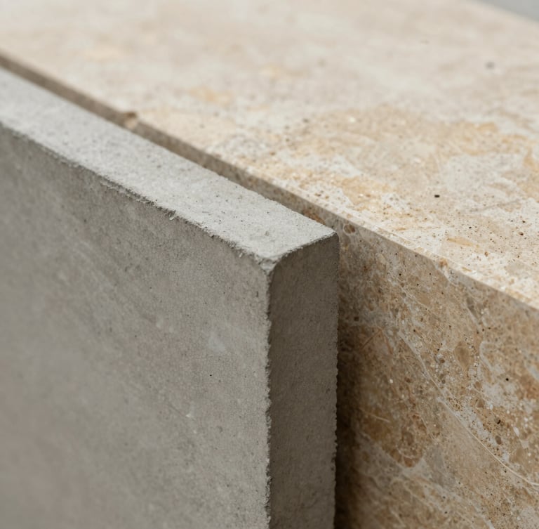Close-up macro shot of raw premium construction materials, textured concrete and warm limestone, soft low-contrast architectural lighting.