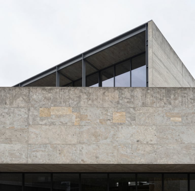 Wide architectural shot of a modern concrete and steel building facade, sharp lines, overcast daylight, minimalist composition, medium format.