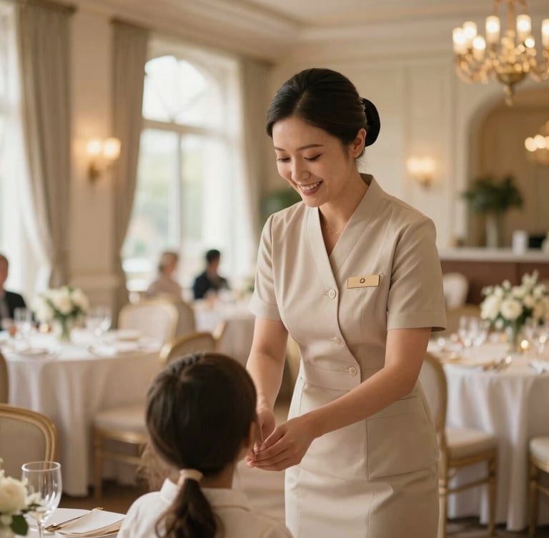 A professional caregiver in elegant attire softly smiling, interacting with a child in a beautifully decorated luxury wedding reception lounge, warm soft lighting, 35mm