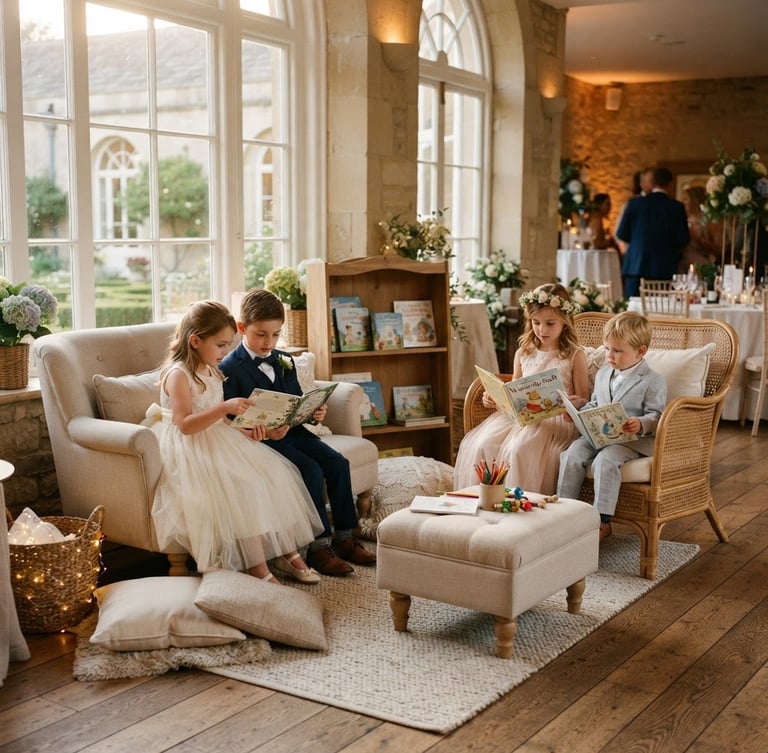 A beautifully styled children's lounge at a luxury wedding, warm golden-hour light filtering through high windows, elegant neutral-toned furnishings, children in formalwear reading books, 35mm photography