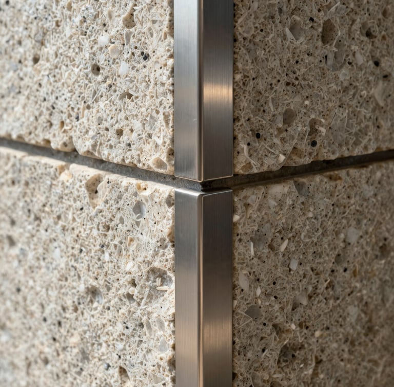 Extreme close-up of tactile travertine stone meeting brushed steel, sharp geometric dividing line, hard architectural lighting.