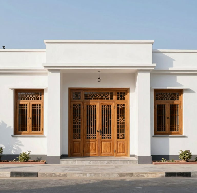 Symmetrical modern Kashmiri villa exterior with traditional wooden pinjra-kari lattice windows, bright morning daylight, clean architectural lines, realistic photography.