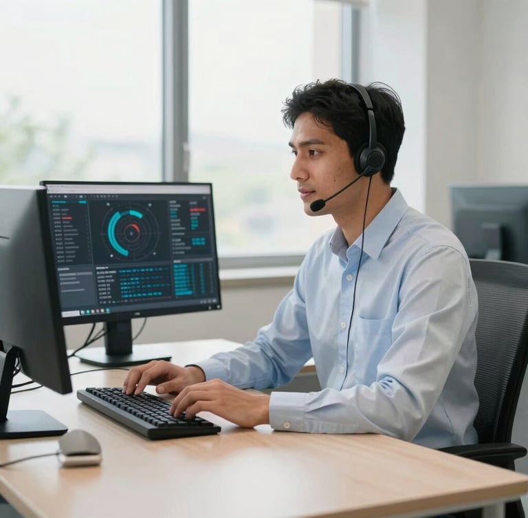 A clean, modern corporate office desk in Srinagar with a professional support coordinator speaking on a headset, bright natural daylight, technical dashboard visible on a monitor in the background, sharp focus.