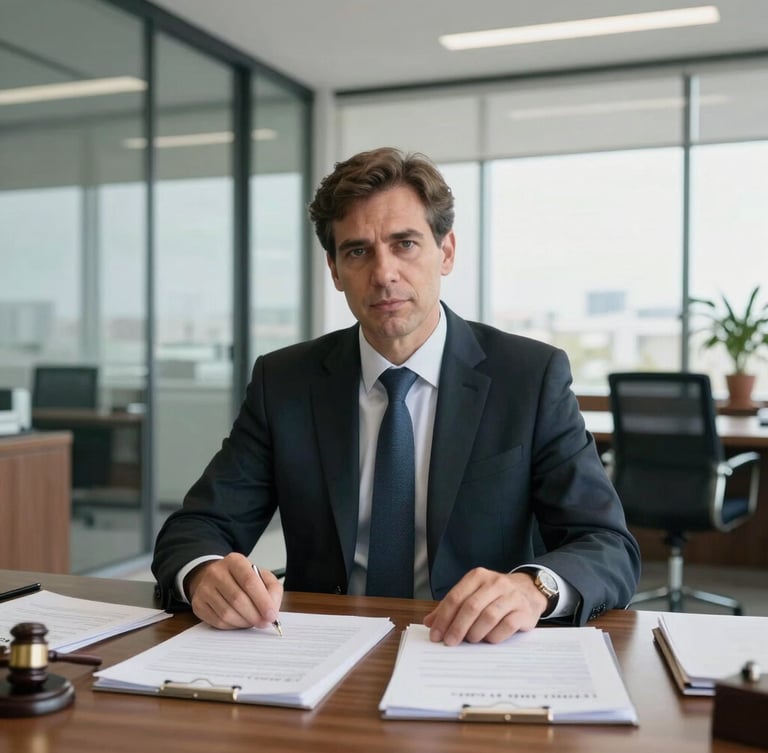 Medium-wide environmental portrait of a professional lawyer in a modern, bright Posadas office with glass walls, natural daylight illuminating legal documents on a wooden desk, serious yet approachable expression, premium corporate atmosphere.