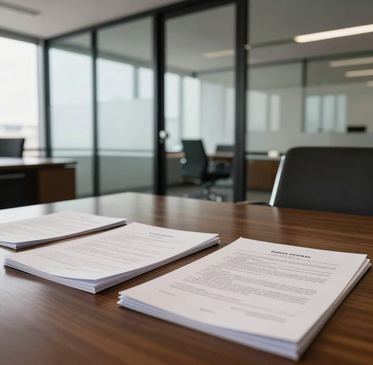 Environmental portrait of a modern corporate office in Posadas, clean glass partitions, warm natural daylight, professional legal documents neatly arranged on a dark wood table.