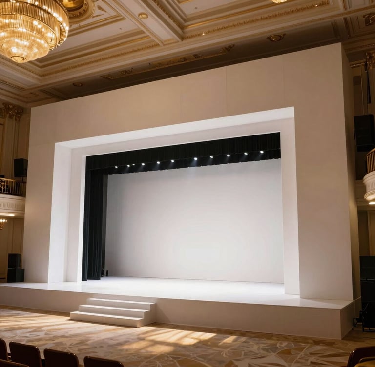 Wide-angle architectural view of a massive custom-fabricated white stage structure inside a luxury ballroom, sharp golden lighting casting clean shadows.