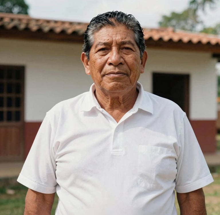 Dignified medium environmental portrait of a Colombian community leader in a bright outdoor setting, natural daylight, warm organic tones, documentary style, 35mm