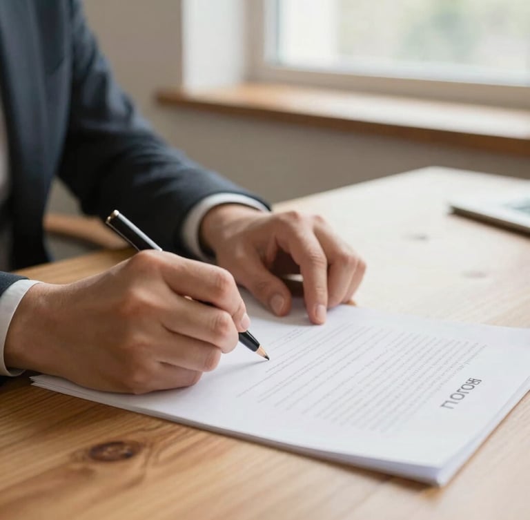 Close-up of hands writing on a document on a wooden desk, natural window light, warm tones, professional editorial style