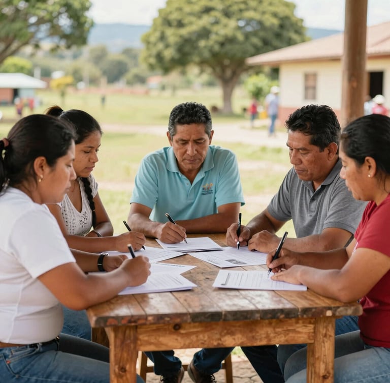 Wide environmental shot of Colombian community leaders planning a local project around a rustic wooden table, bright natural daylight, warm tones, shallow depth of field.