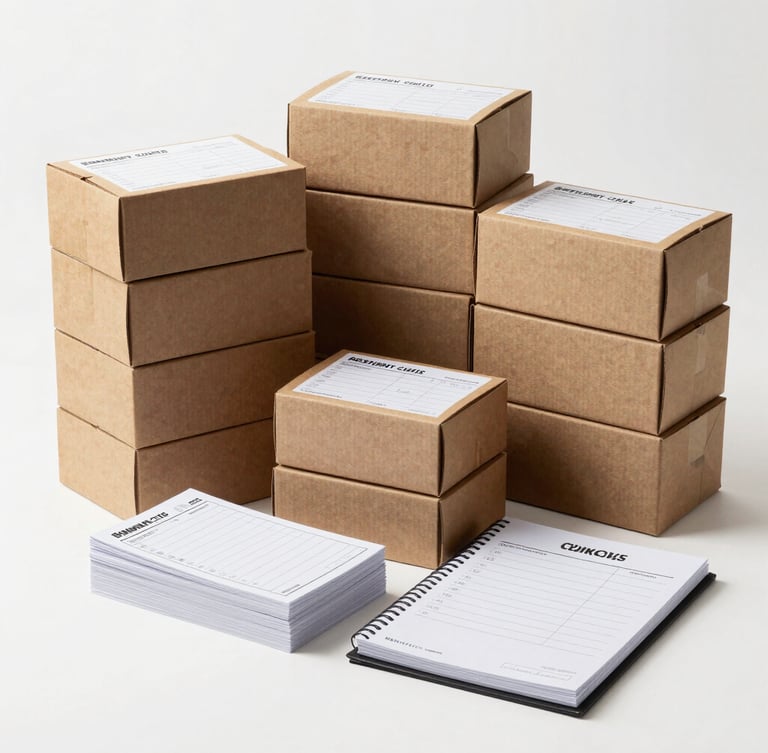 Straight-on commercial product shot of neatly stacked boxes of restaurant guest checks and custom order pads, bright clean high-key commercial lighting, neutral white background.