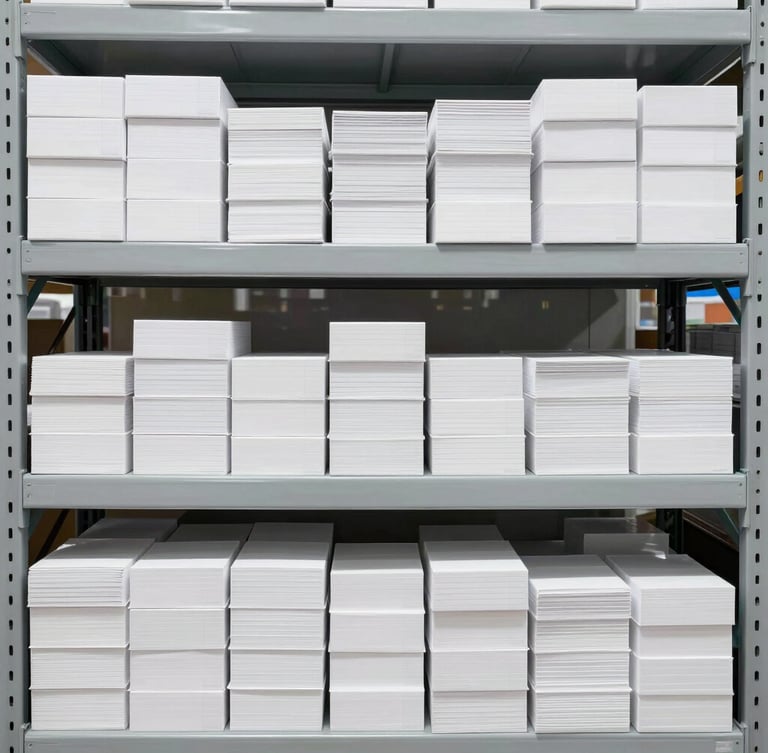 Straight-on architectural shot of organized commercial warehouse shelving, neatly stacked boxes of crisp white stationery, bright high-key commercial lighting, neutral gray and blue tones, no people.