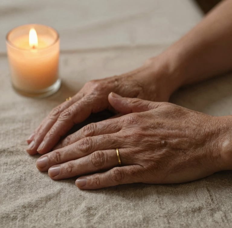Close up of mature hands resting on an old linen cloth next to a warm candle flame, soft side daylight, deep earth tones, 35mm