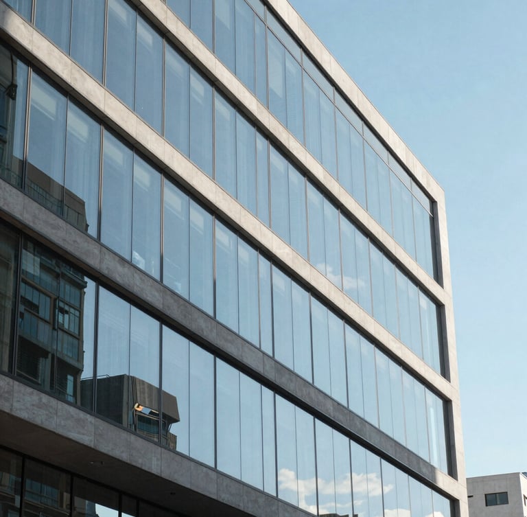 Close-up architectural shot of a modern glass office building facade reflecting the clear blue sky in Vitacura, bright daylight, clean lines, sharp focus, 35mm