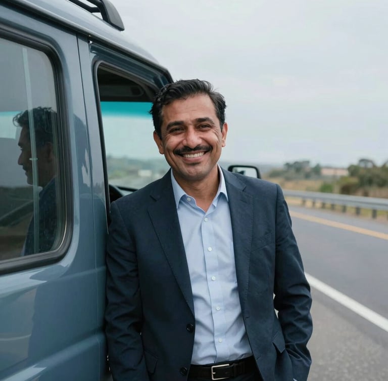 Authentic travel photography of Majlan smiling warmly beside his vehicle cabin, natural highway daylight, cool slate tones, professional yet approachable