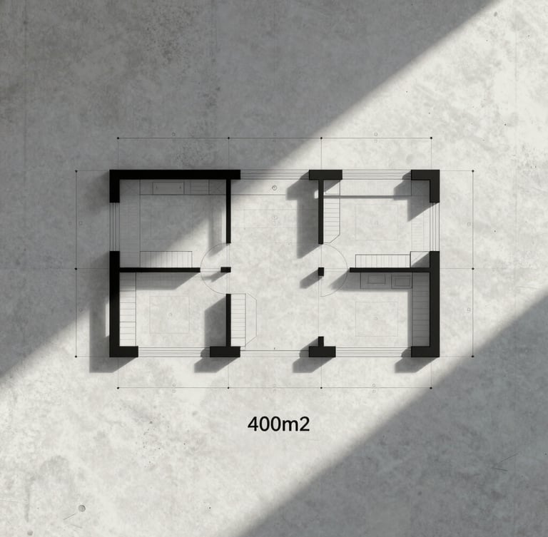 Minimalist architectural floor plan drawing of a 400m2 showroom, clean black lines on a light concrete gray background, technical grid lines, precise layout