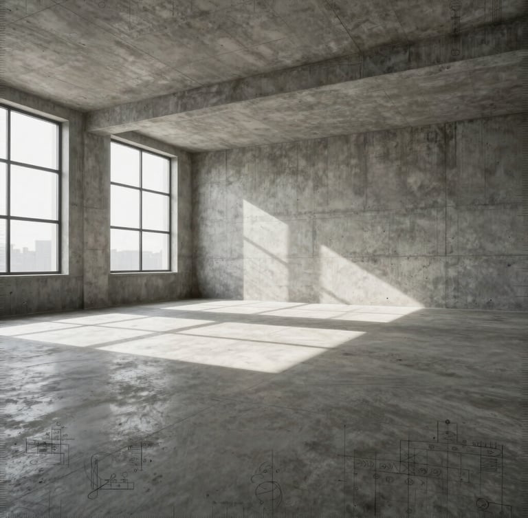 Wide-angle architectural rendering of an empty high-rise concrete shell space with dramatic window light casting sharp geometric shadows on raw concrete floor, technical blueprint overlay, desaturated tones, 35mm