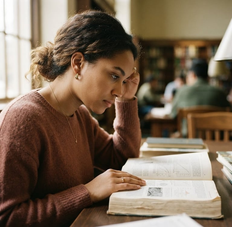 A close-up of an adult student in a library, focusing intensely on a textbook under soft natural window light, warm earth tones, shallow depth of field