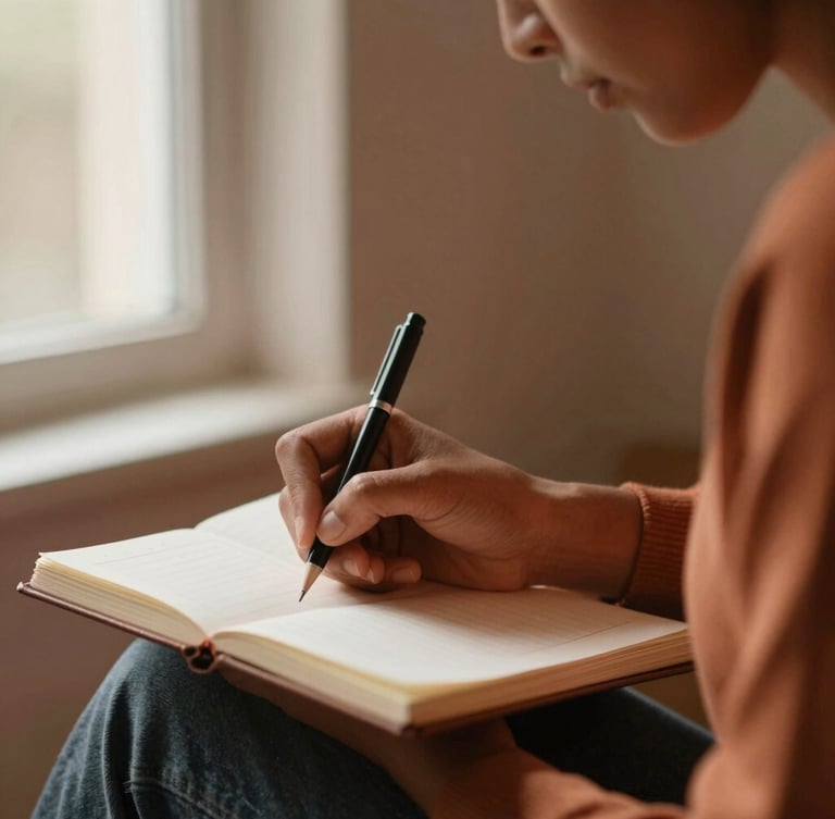 Medium close-up of an adult learner in quiet concentration, writing notes in a notebook under soft natural window light, warm terracotta tones, shallow depth of field