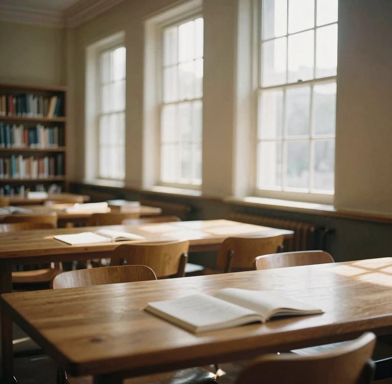 A warm, natural light-filled library interior with wooden tables, soft sunlight filtering through windows, a quiet atmosphere of focused study, 35mm film texture