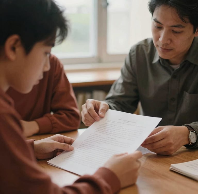 Medium close-up of an adult student and a mentor reviewing papers together at a library table, soft natural window light, warm terracotta tones, shallow depth of field, 35mm film texture.