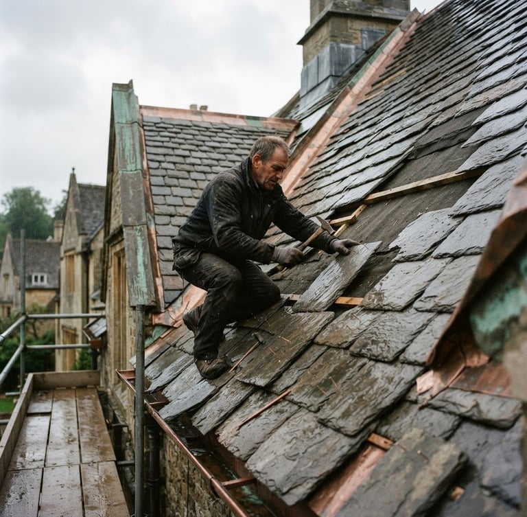 Low-angle editorial shot of hand-cut natural slate tiles being laid on a steep roofline, natural overcast daylight, deep slate grey and weathered copper tones, sharp details, 35mm lens