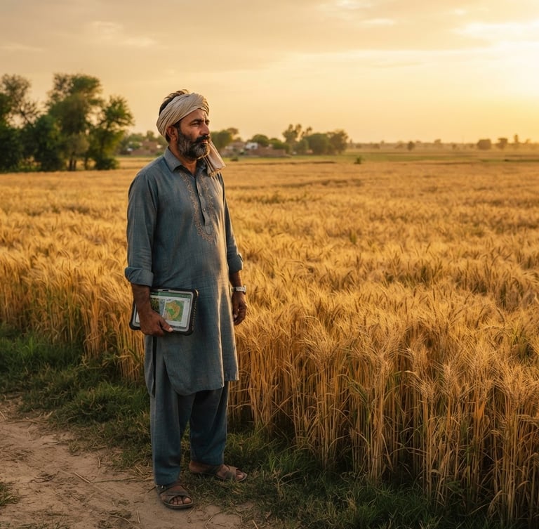 Cinematic editorial photography of a modern Pakistani Punjabi farmer standing in a golden-hour wheat field in Chichawatni, holding a digital tablet, looking out over the lush landscape, warm sunlight.