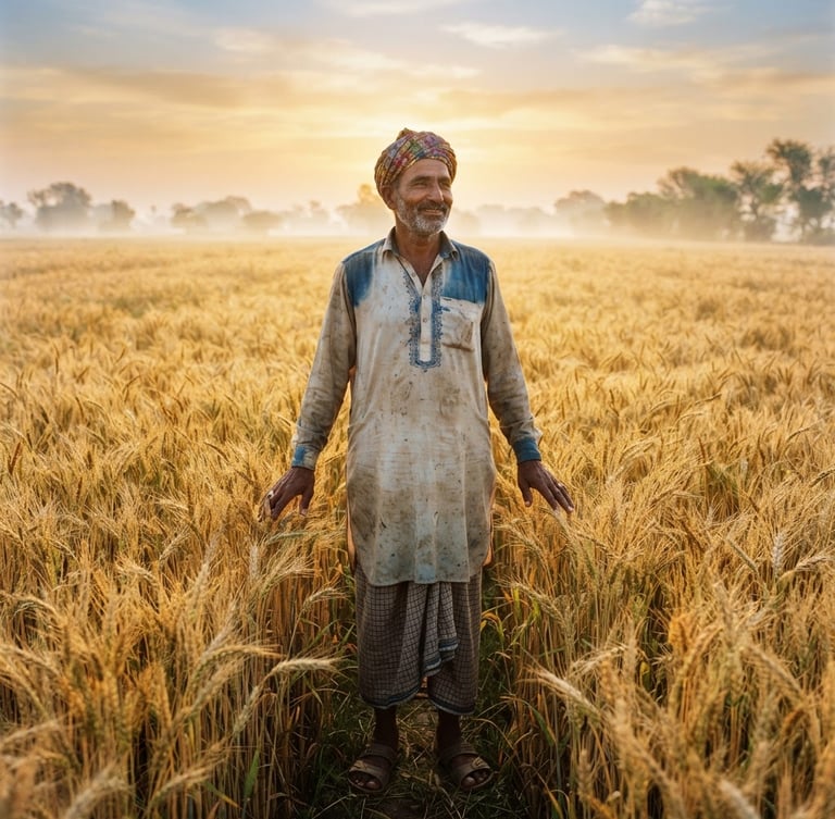 Cinematic medium-format editorial photograph of a Pakistani Punjabi farmer in traditional local attire standing in a vast, lush golden wheat field in Chichawatni during sunrise, warm morning light, soft atmospheric mist.
