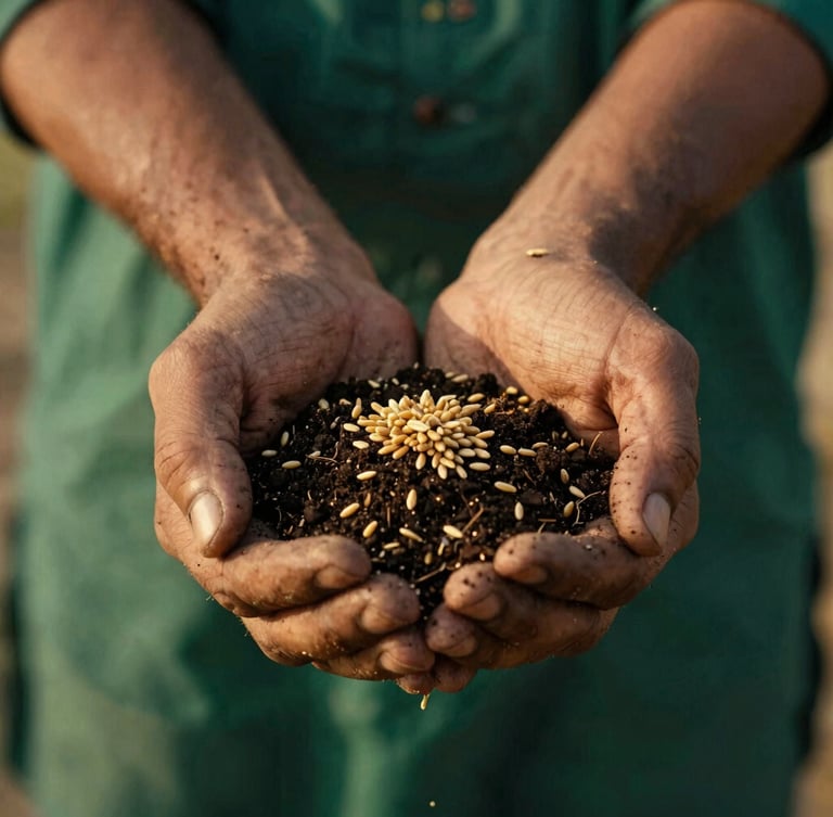 Cinematic close-up of weathered Punjabi hands holding rich dark soil mixed with golden wheat seeds, warm late-afternoon daylight