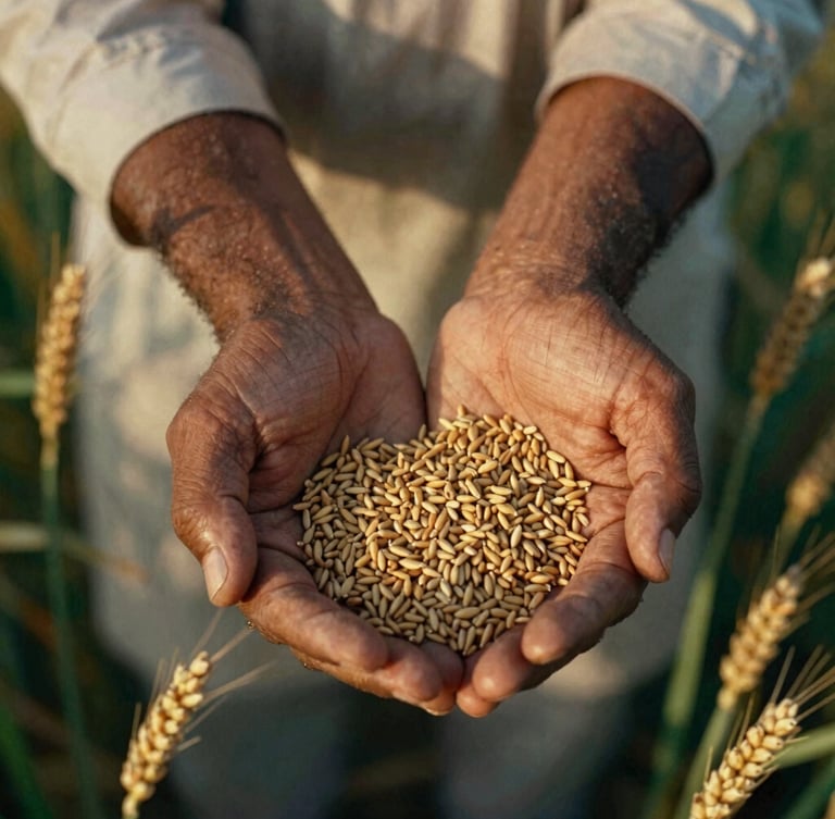 Cinematic close-up of a Pakistani Punjabi farmer's hands gently holding a cluster of golden wheat grains in warm late-afternoon sunlight, medium format film.