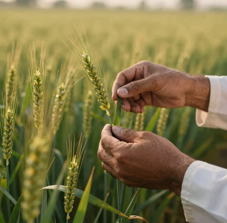 Close-up cinematic shot of an agronomist's hands examining healthy green wheat stalks in a sunlit field in Punjab, Pakistan, soft golden light, high detail.