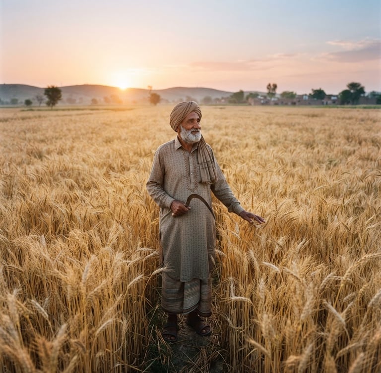 Wide cinematic shot of a Pakistani Punjabi farmer standing in a golden wheat field at sunrise, soft warm daylight, medium format film