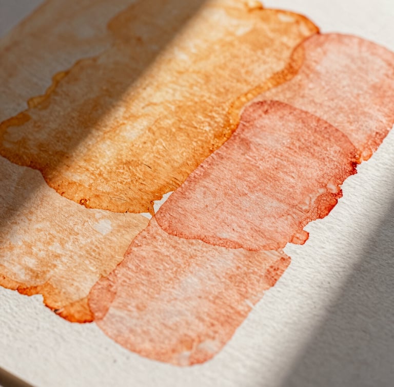 Extreme close-up of a tactile print mockup with visible heavy paper texture, warm sunlight casting sharp diagonal shadows across vibrant amber and soft coral ink layers.