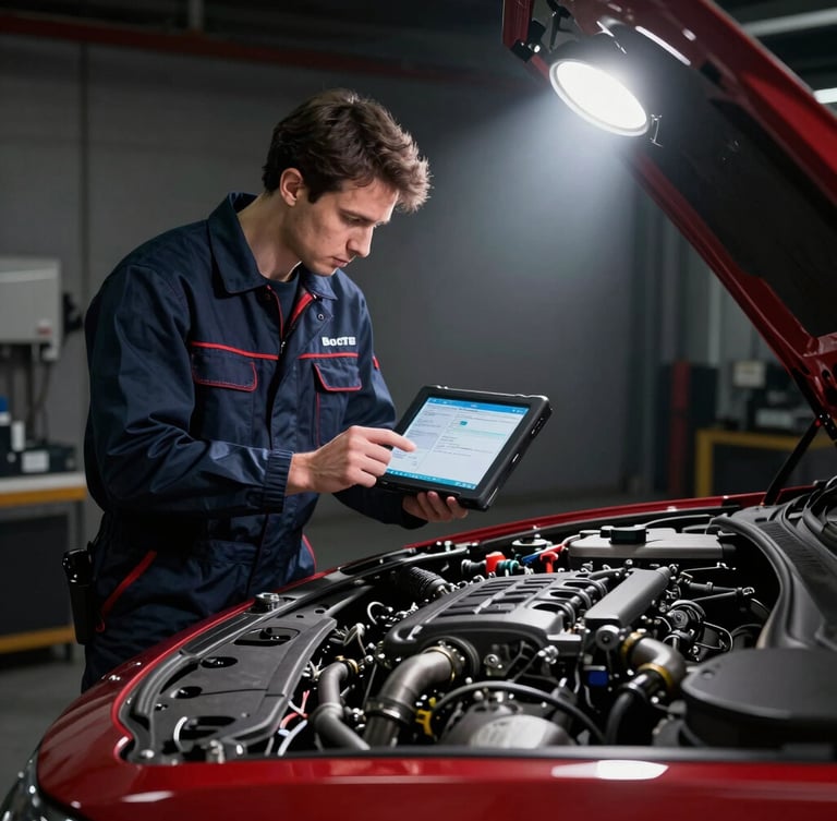 A professional technician using a diagnostic tablet connected to a clean engine bay, dramatic workshop spotlighting, high contrast