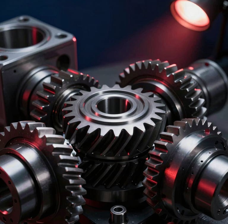 Tight macro shot of clean, high-contrast steel transmission gears being assembled under dramatic workshop spotlighting, deep navy and crimson tones, 50mm lens.