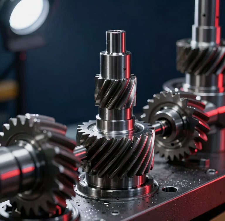 Macro shot of high-precision steel transmission gears being assembled in a clean, well-lit workshop, industrial lighting, sharp focus on metal teeth