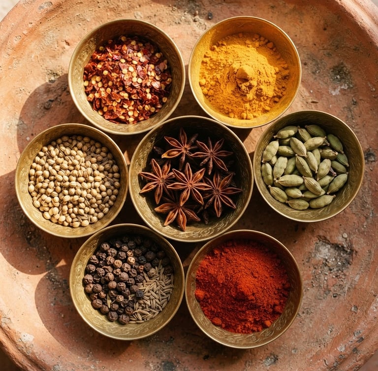 Overhead macro shot of vibrant raw spices in hand-carved brass bowls on a textured clay surface, warm directional morning sunlight casting soft shadows, 35mm photography