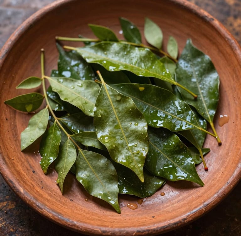 Overhead flat-lay of fresh curry leaves glistening with water on a rustic clay plate, warm morning light, shallow depth of field