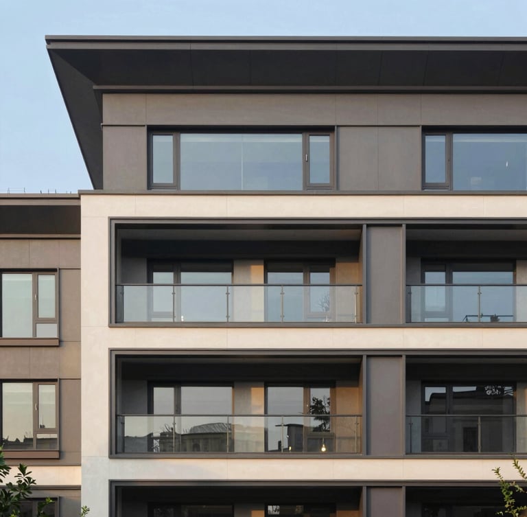 Architectural photography of a modern residential building facade with clean anthracite gray lines and large glass windows under dramatic golden hour light.
