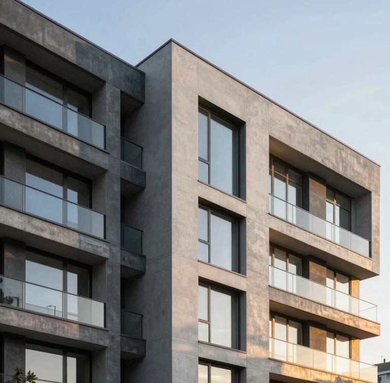 Modern architectural apartment building facade with sharp anthracite gray panels, concrete textures, and dramatic golden hour sunlight reflecting off clean glass windows